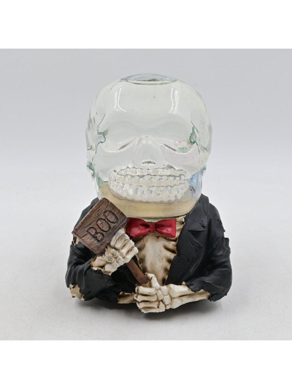 Skeleton Glass Skull Decorative Halloween Tuxedo Bow Tie w/ Boo Sign Snow Globe